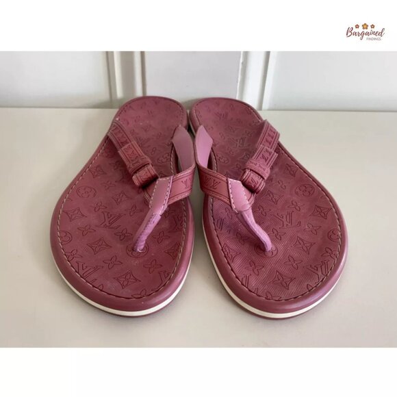 Auth Louis Vuitton Rose Pink Monogram Embossed Rubber Flip Flop Sandals 37.5/7.5 - Picture 5 of 12